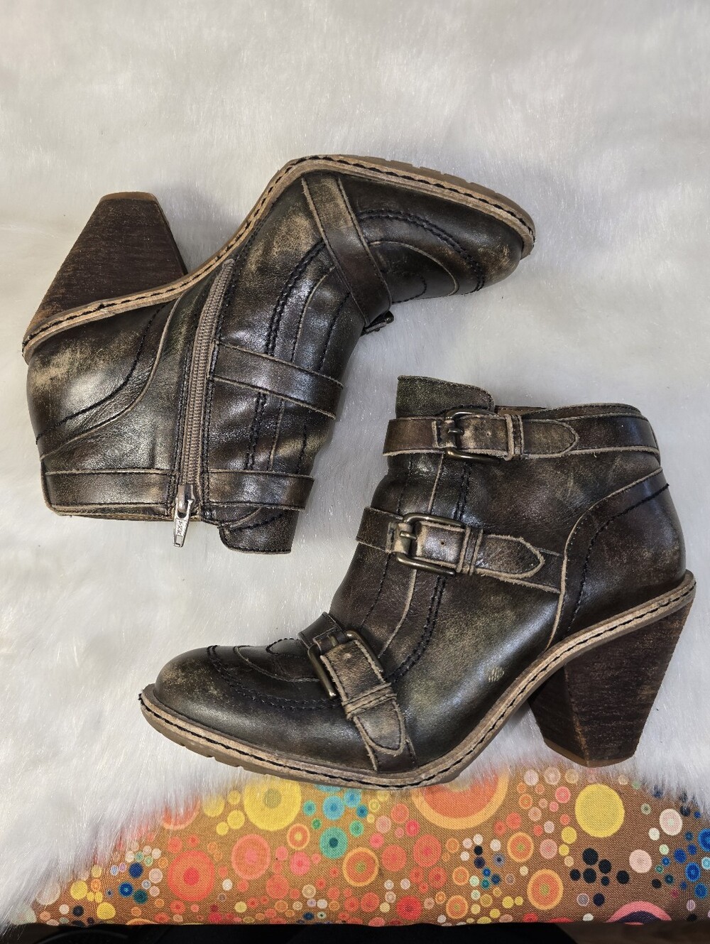 Schuler & Sons Side Zip Triple Buckle Heel Distressed Ankle Boot - Picture 11 of 16